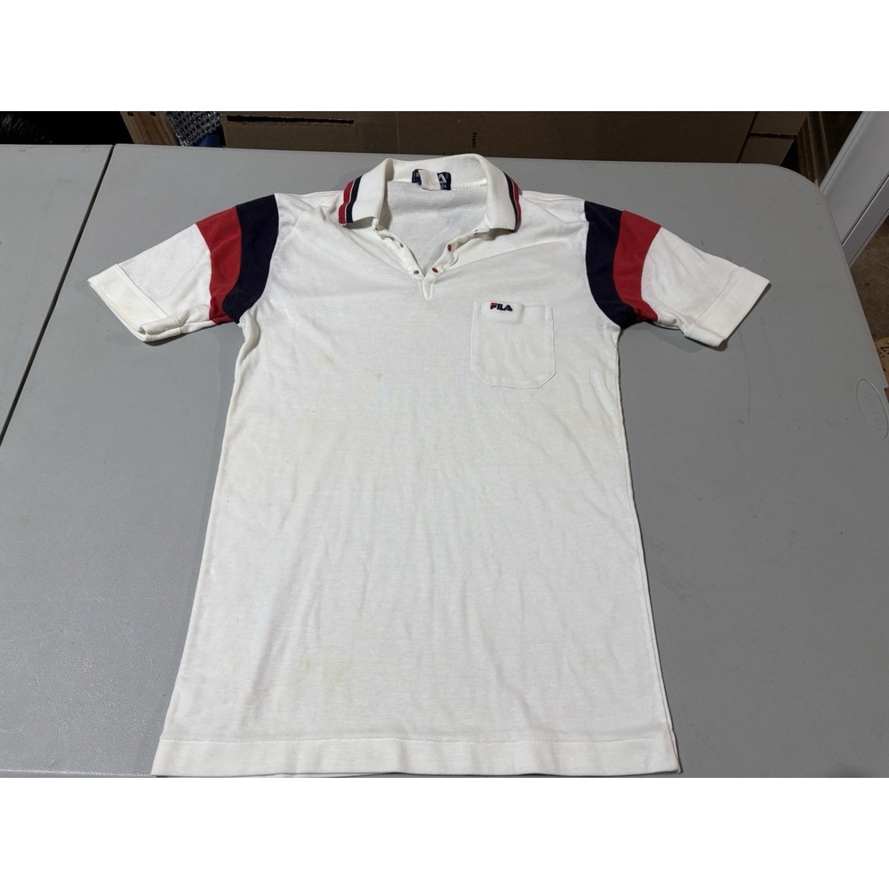 Fila 80's Vtg Men's Sm White Tennis Polo Shrt w/red/blk Shldr‎ Stripes